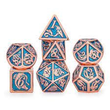 Solid Metal Dragon Dice Set Copper w/ Blue